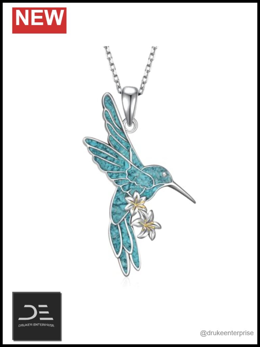 925 Sterling Silver Real Turquoise Hummingbird Pendant Necklace 18-20 inch
